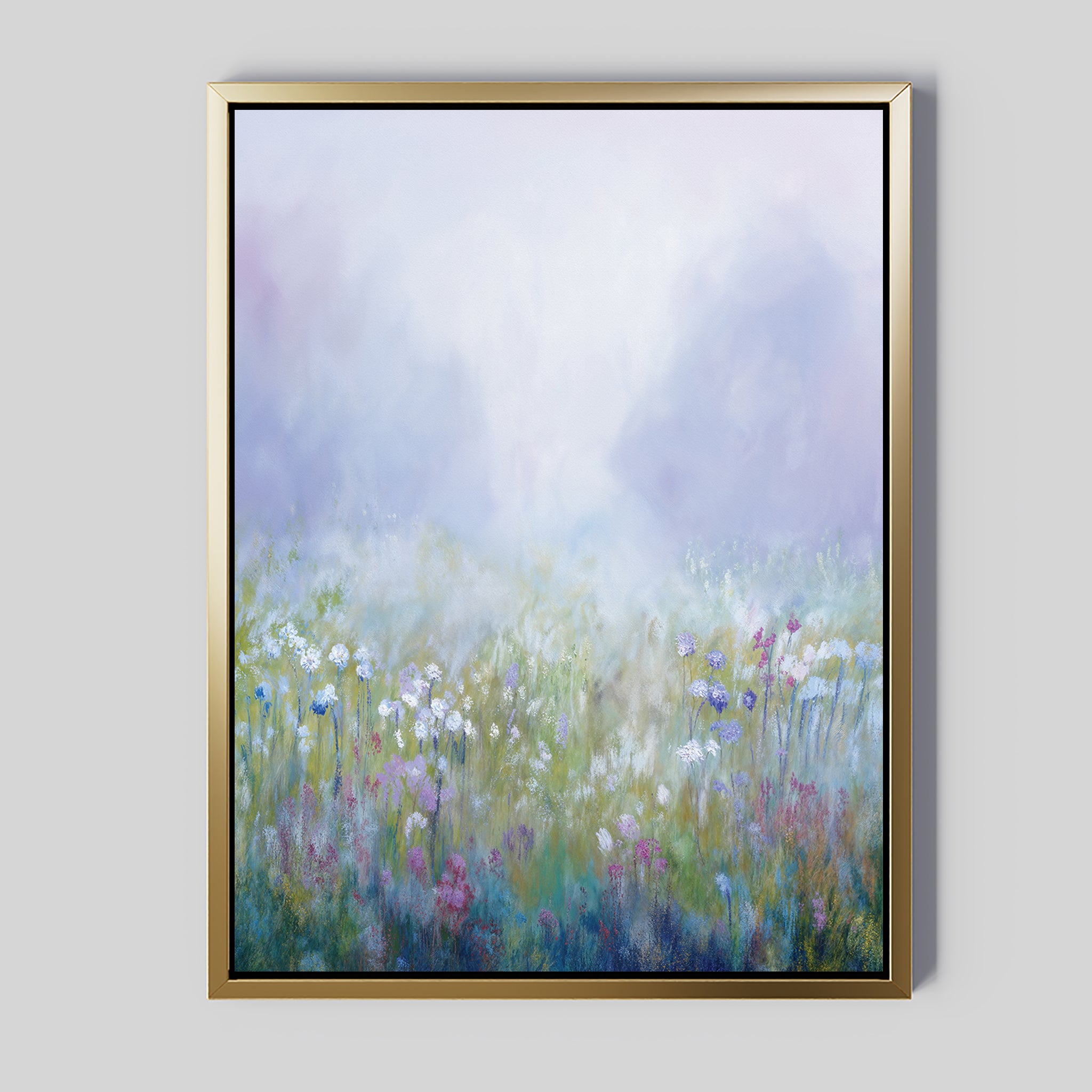 Purple Haze Canvas Art - Vertical: A framed canvas print featuring a misty meadow with pastel wildflowers and grasses in soft shades of white, pink, and purple on a pale, foggy background—an elegant bedroom decor choice.