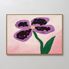 Add Nordic Park charm to your space with the Purple Pansy Canvas Art - Horizontal, featuring a simple, abstract purple flower with four petals, yellow center, green stem, and a single leaf on a pink background.