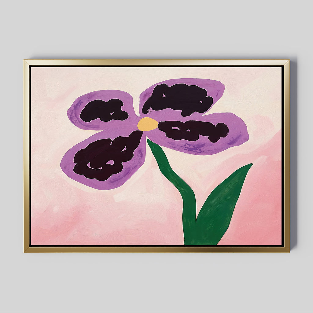 The Purple Pansy Canvas Art - Horizontal features a simple five-petal purple flower with a yellow center on a soft pink background, bringing Nordic Park charm to any room. Ideal as framed botanical wall art.
