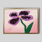 The Purple Pansy Canvas Art - Horizontal features a simple five-petal purple flower with a yellow center on a soft pink background, bringing Nordic Park charm to any room. Ideal as framed botanical wall art.