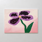 The Purple Pansy Canvas Art - Horizontal features a simple flower with four purple petals and a yellow center, green stem and leaf on a soft pink background—ideal wall art or chic botanical print for your Nordic Park-inspired space.