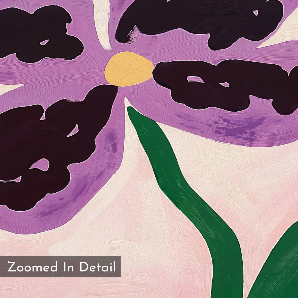 The Purple Pansy Canvas Art - Horizontal showcases a close-up of a painted purple pansy with dark accents, a yellow center, and green stem on a light pink background, featuring "Zoomed In Detail" in the lower left—ideal wall decor.