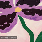 The Purple Pansy Canvas Art - Horizontal showcases a close-up of a painted purple pansy with dark accents, a yellow center, and green stem on a light pink background, featuring "Zoomed In Detail" in the lower left—ideal wall decor.
