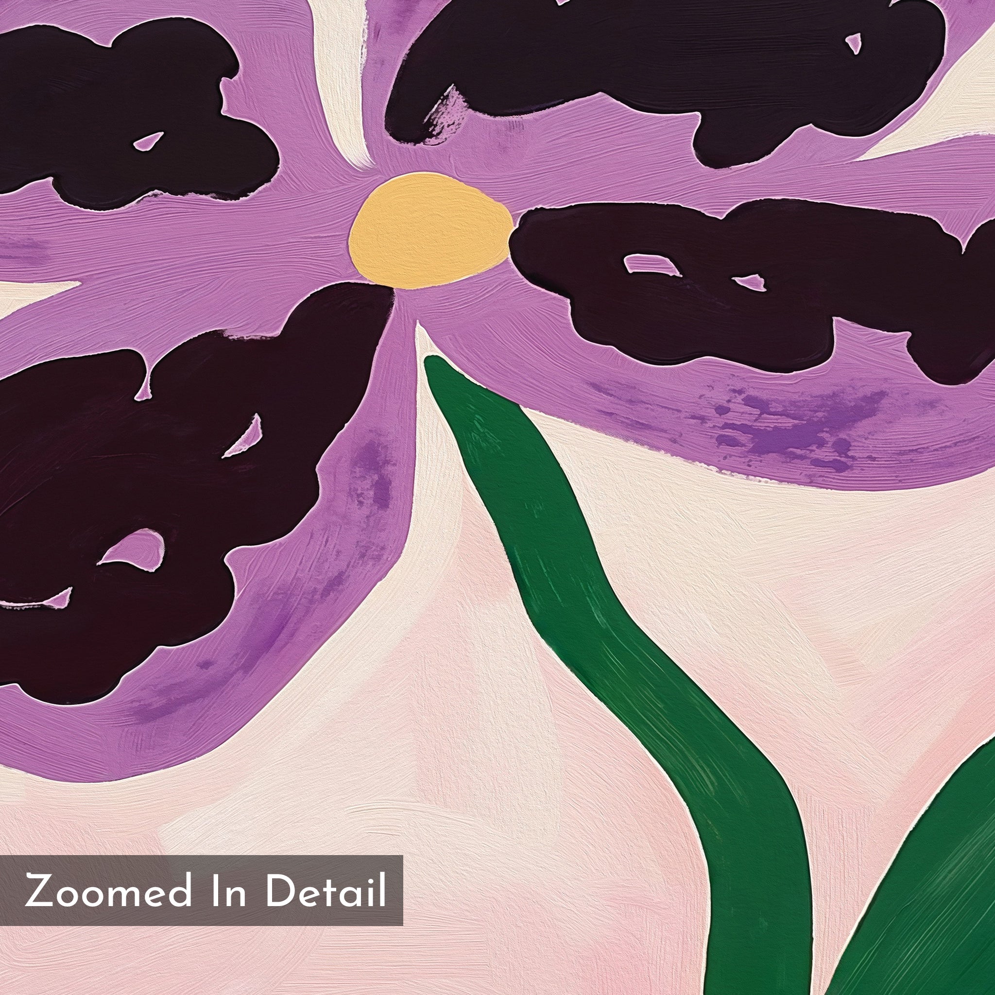 The Purple Pansy Canvas Art - Horizontal showcases a close-up of a painted purple pansy with dark accents, a yellow center, and green stem on a light pink background, featuring "Zoomed In Detail" in the lower left—ideal wall decor.