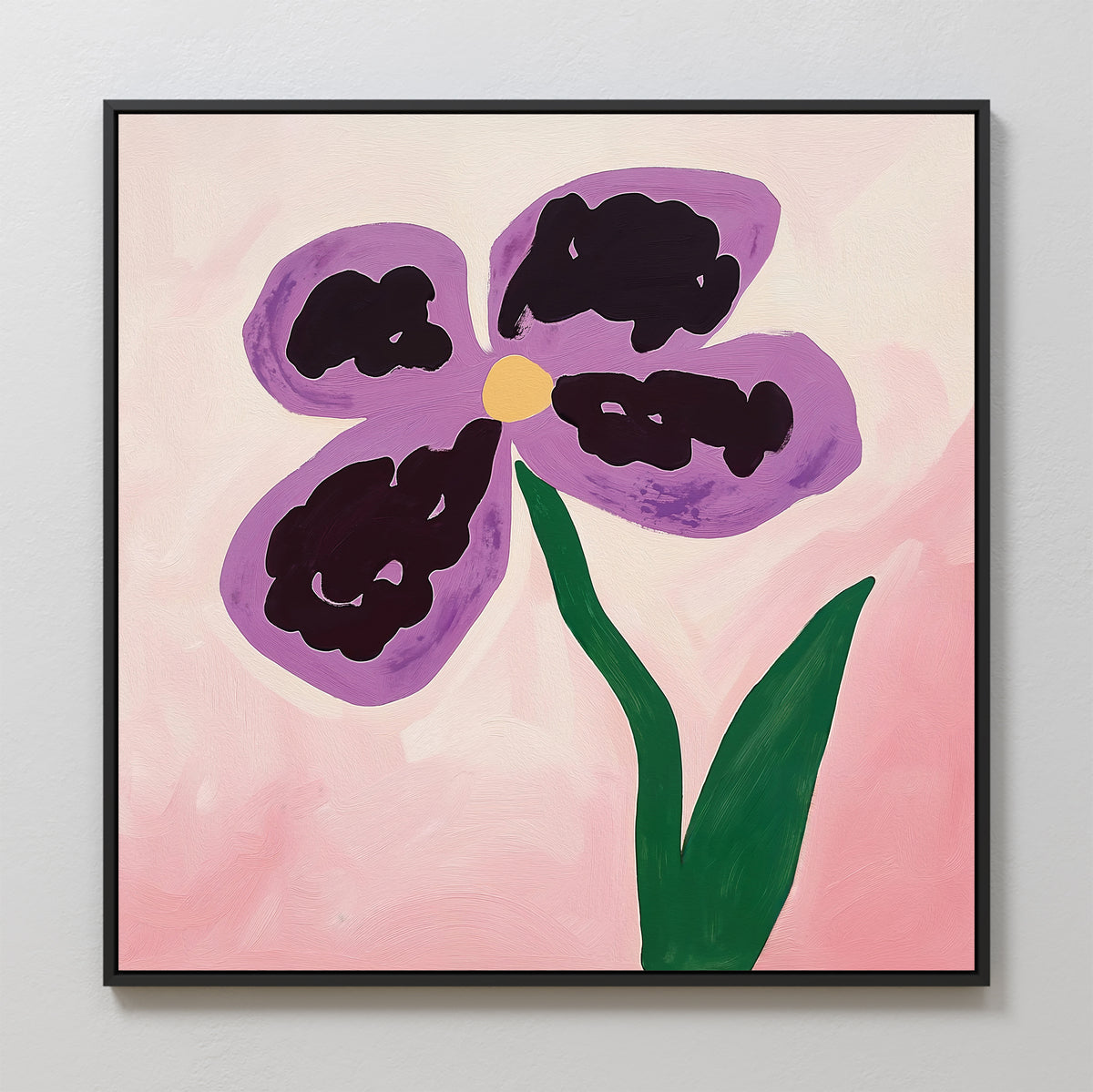 The Purple Pansy Canvas Art - Square features a Nordic Park style with four purple pansy petals, a yellow center, and green stem on a pale pink background in bold abstract strokes. Framed botanical print for modern spaces.