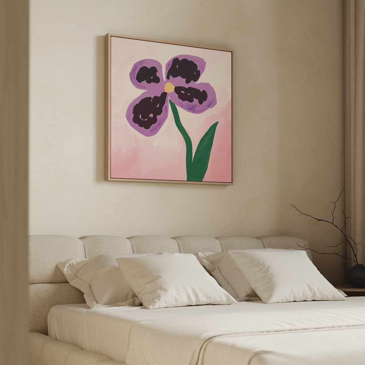 A minimalist bedroom features a beige bed, white pillows, and the Purple Pansy Canvas Art - Square above the headboard—its large purple pansy with green stem on pink adds a Nordic Park-inspired calm to the space.