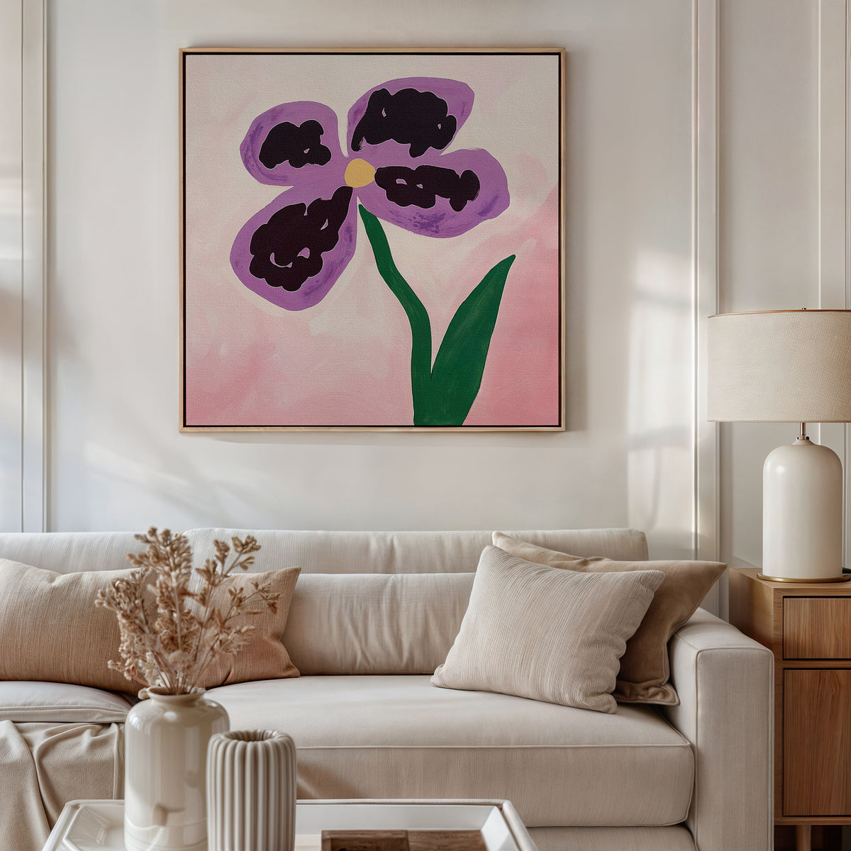 The Purple Pansy Canvas Art - Square brings charm to your space, showcasing the delicate beauty of a purple pansy in Nordic Park style on your wall.