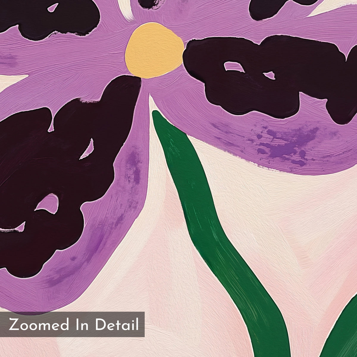Close-up of the Purple Pansy Canvas Art - Square shows abstract purple pansy petals, a yellow center, and two green stems on a light pink background. Visible brushstrokes and "Zoomed In Detail" text appear in the bottom left corner.