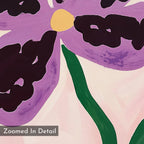Close-up of the Purple Pansy Canvas Art - Square shows abstract purple pansy petals, a yellow center, and two green stems on a light pink background. Visible brushstrokes and "Zoomed In Detail" text appear in the bottom left corner.