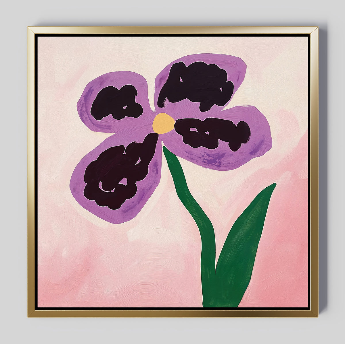 Add charm to your Nordic Park-inspired décor with the Purple Pansy Canvas Art - Square, featuring a bold, childlike illustration of a four-petal purple pansy with a yellow center and green stem on a pink background.