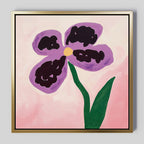 Add charm to your Nordic Park-inspired décor with the Purple Pansy Canvas Art - Square, featuring a bold, childlike illustration of a four-petal purple pansy with a yellow center and green stem on a pink background.