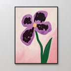 The Purple Pansy Canvas Art - Vertical features a framed botanical print with a simple, abstract flower: five purple petals, a yellow center, and green stem on a pink background in a playful, childlike style.