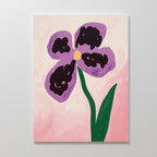 The Purple Pansy Canvas Art - Vertical features an abstract, childlike botanical print of a four-petaled purple pansy with a yellow center and green stem on a pink background, created with bold, uneven brushstrokes.