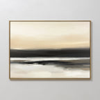 Quiet Shoreline Canvas Art - Horizontal features serene abstract beige, cream, and black tones with soft blended horizontal layers, evoking a minimalist coastal vibe. A thin gold frame sets off the piece against a plain white wall.