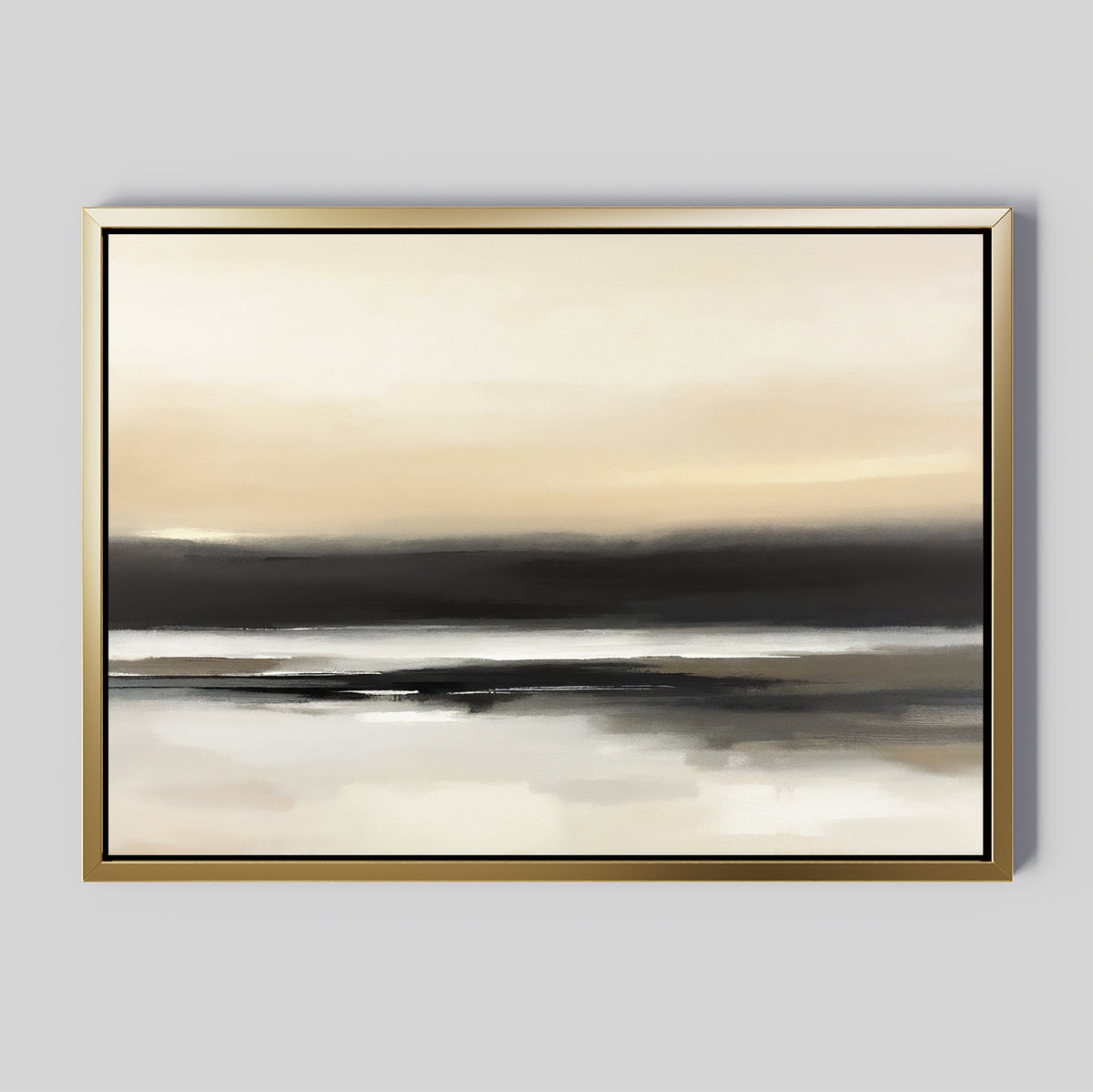 Quiet Shoreline Canvas Art - Horizontal features soft beige, black, gray, and white horizontal layers in a gold frame, evoking a calm coastal scene—perfect as serene minimalist wall art for light gray walls.