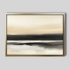Quiet Shoreline Canvas Art - Horizontal features soft beige, black, gray, and white horizontal layers in a gold frame, evoking a calm coastal scene—perfect as serene minimalist wall art for light gray walls.