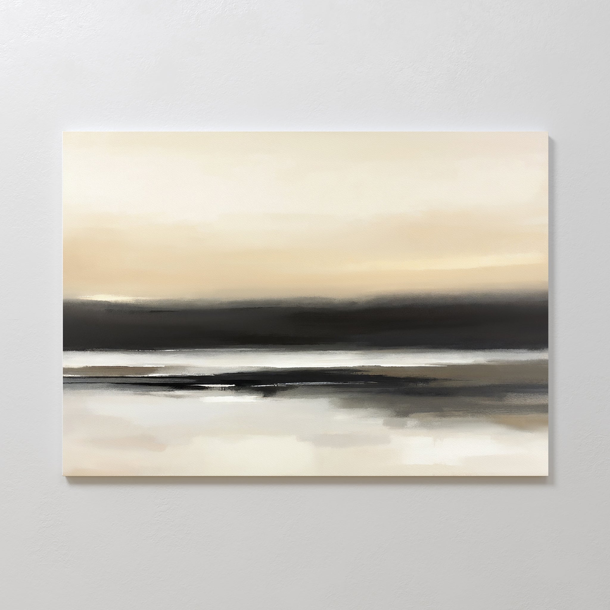The Quiet Shoreline Canvas Art - Horizontal features serene beige, cream, brown, and black bands with soft, blended edges, creating a misty coastal look—ideal minimalist wall art for a calm and sophisticated space.