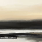Quiet Shoreline Canvas Art - Horizontal: A minimalist landscape painting with soft beige, gray, and black tones, evoking a tranquil coastal scene over water. "Zoomed In Detail" appears in the bottom left corner.