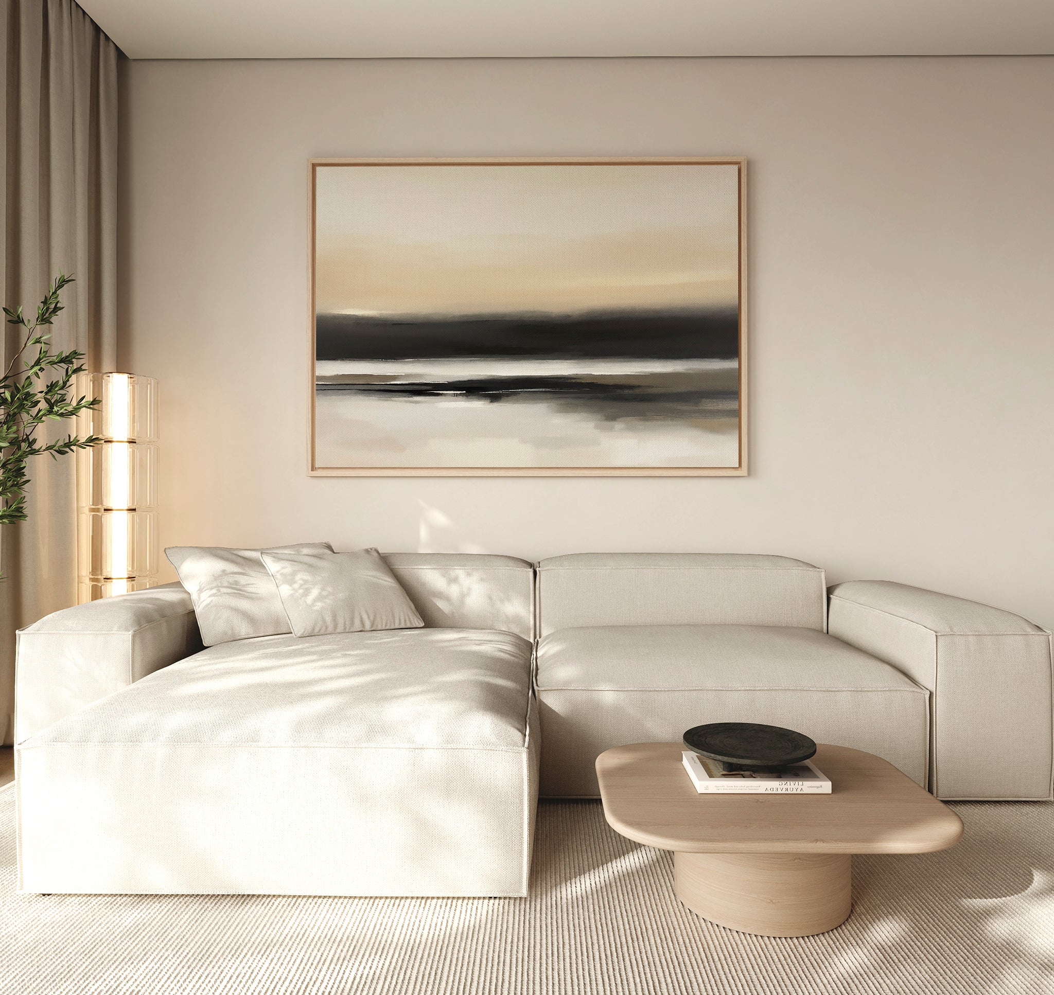 Minimalist living room featuring a light beige sectional sofa, wooden coffee table with black bowl, Quiet Shoreline Canvas Art - Horizontal on the wall, and a floor plant by the window. The décor is neutral and modern.