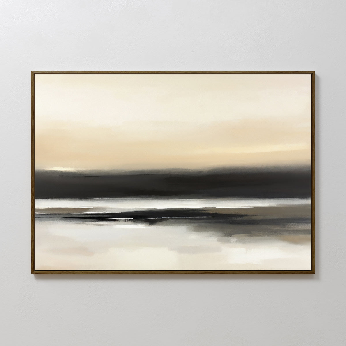 Quiet Shoreline Canvas Art - Horizontal showcases soft, blended shades of beige, black, gray, and white in a serene abstract design—evoking calm waters and a peaceful horizon for refined minimalist wall décor.