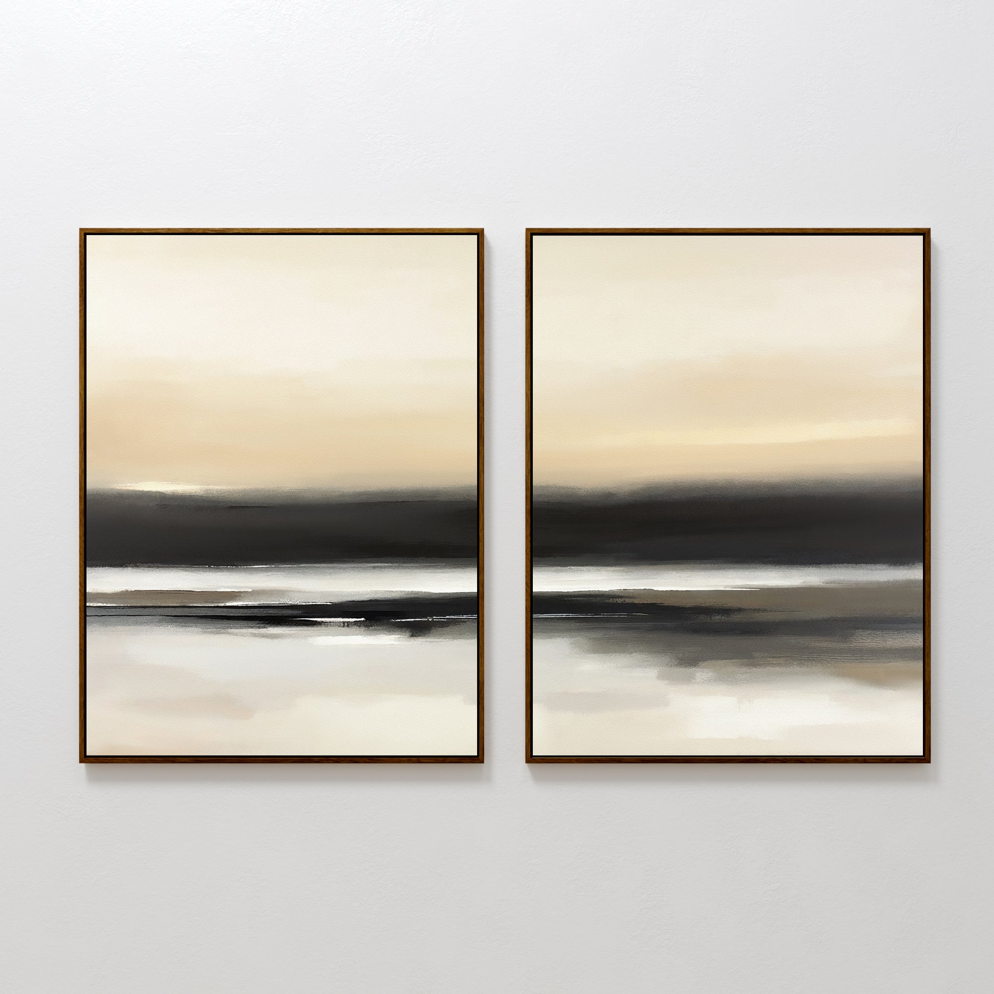 “Quiet Shoreline - Set Of 2” features two abstract landscape prints with soft, blended horizontal layers in beige, gray, black, and white—ideal minimalist wall art for creating a calm and soothing atmosphere.