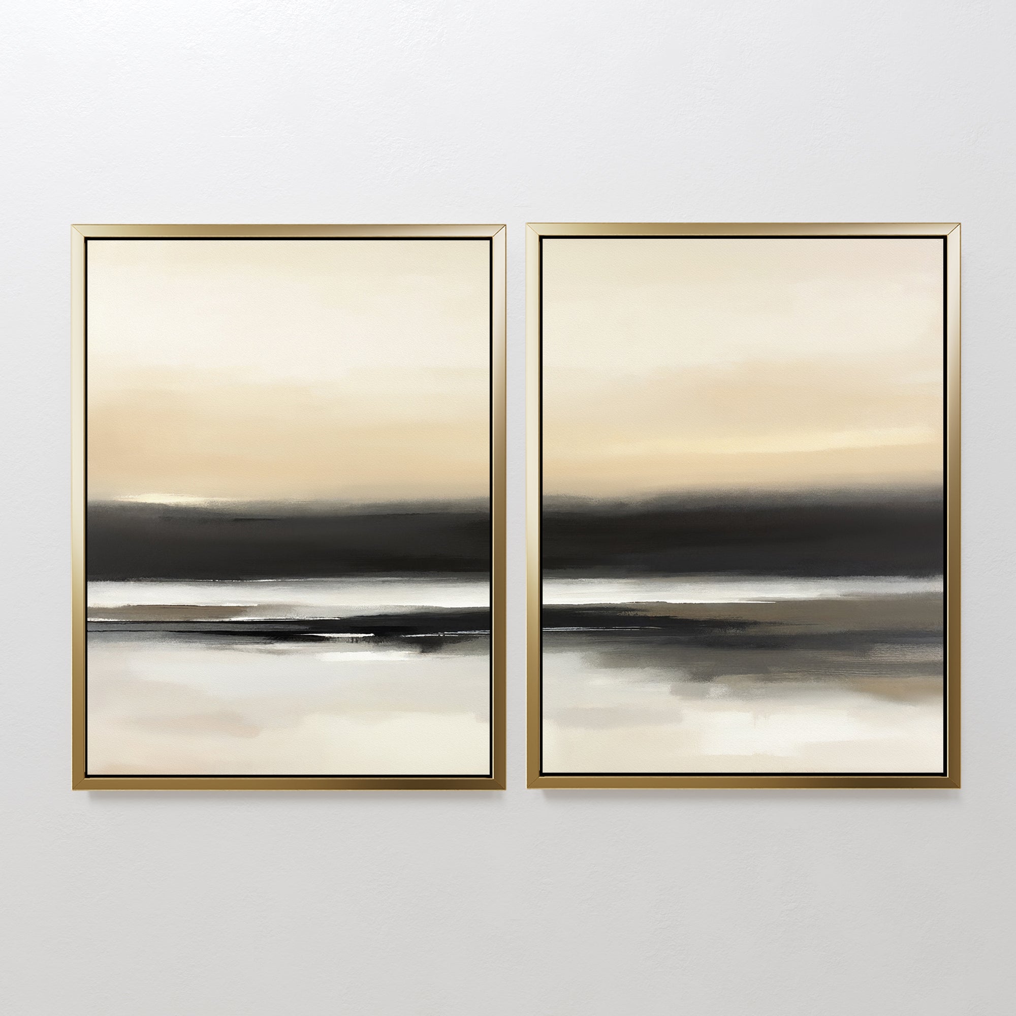 The Quiet Shoreline - Set of 2 features framed abstract paintings with beige, black, and white horizontal bands that evoke a calming landscape, bringing minimalist coastal style to any plain white wall.