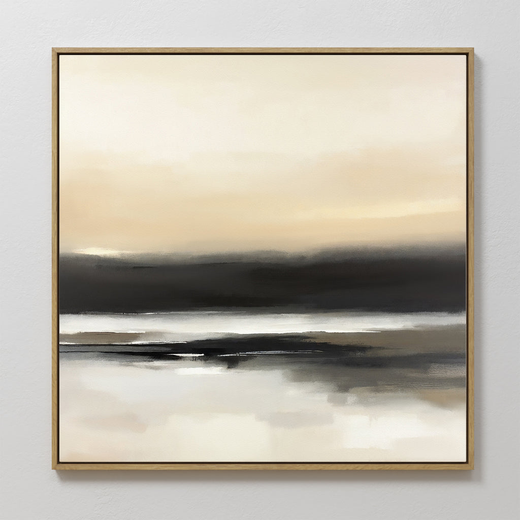 The "Quiet Shoreline Canvas Art - Square" features a gold-framed abstract painting with soft layers of beige, cream, gray, and black, evoking tranquil water reflections under a hazy sky—ideal for minimalist decor.