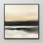 The Quiet Shoreline Canvas Art - Square showcases soft beige, cream, and black hues in blurred horizontal layers, evoking a misty seascape. Framed with a slim black border, it's ideal abstract wall art for minimalist decor.