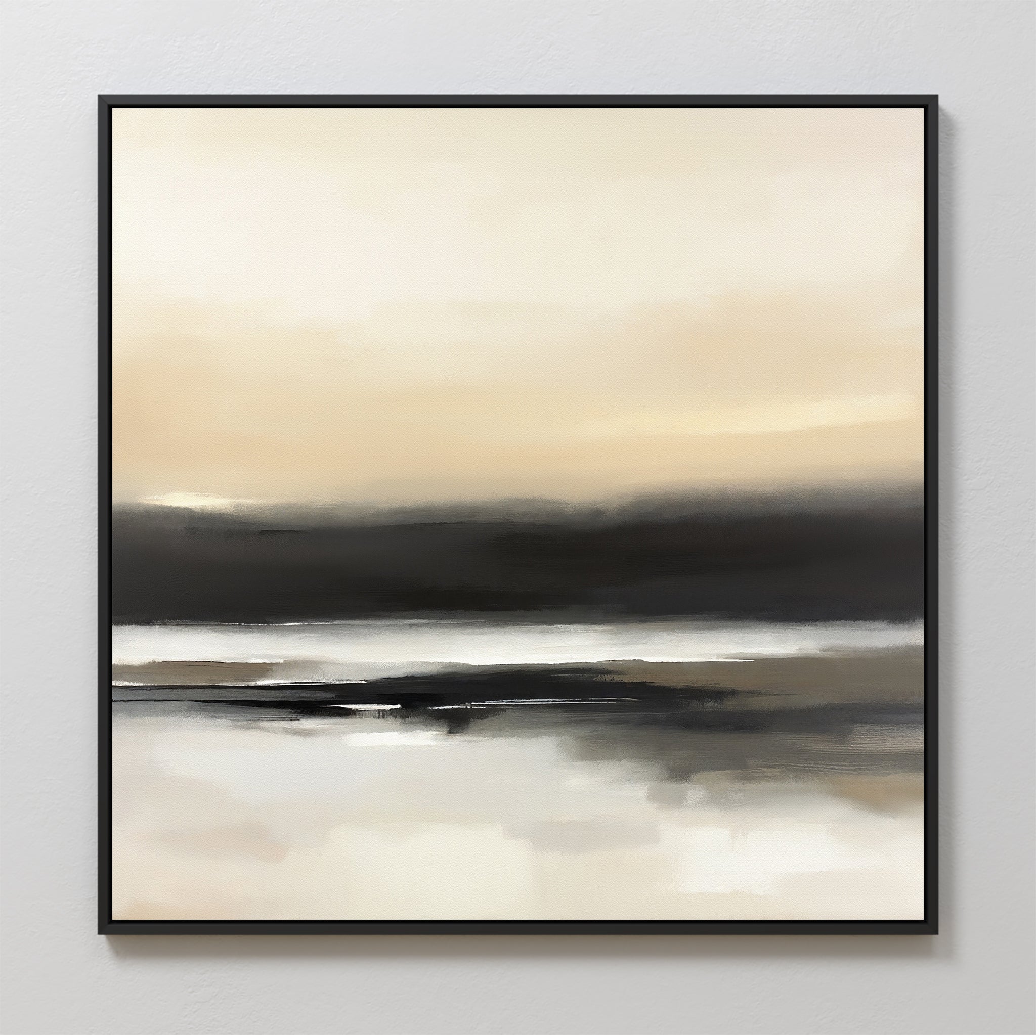 The Quiet Shoreline Canvas Art - Square showcases soft beige, cream, and black hues in blurred horizontal layers, evoking a misty seascape. Framed with a slim black border, it's ideal abstract wall art for minimalist decor.