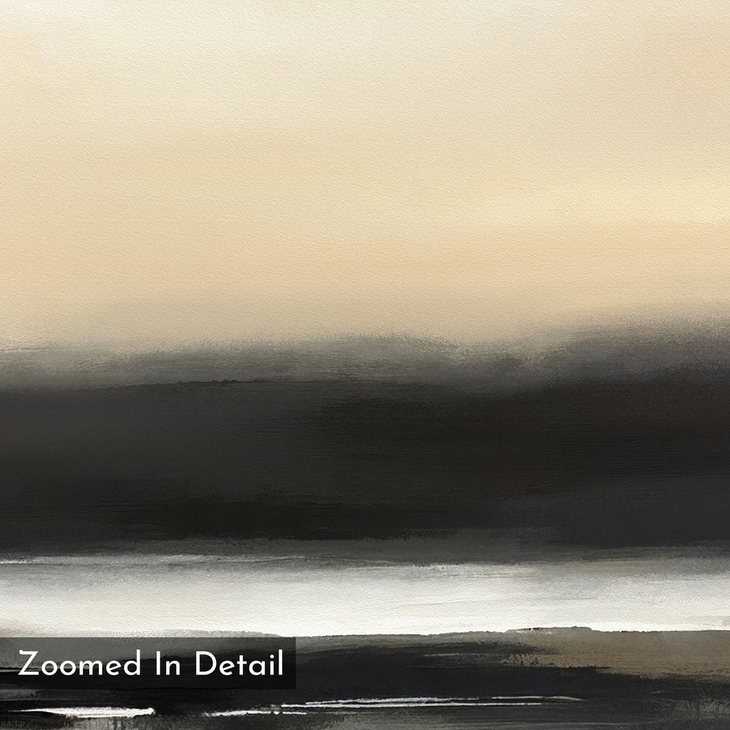 Quiet Shoreline Canvas Art - Square features an abstract landscape with a soft beige and cream sky, blurred dark hills, light gray water, and "Zoomed In Detail" in the lower left—perfect minimalist wall art.