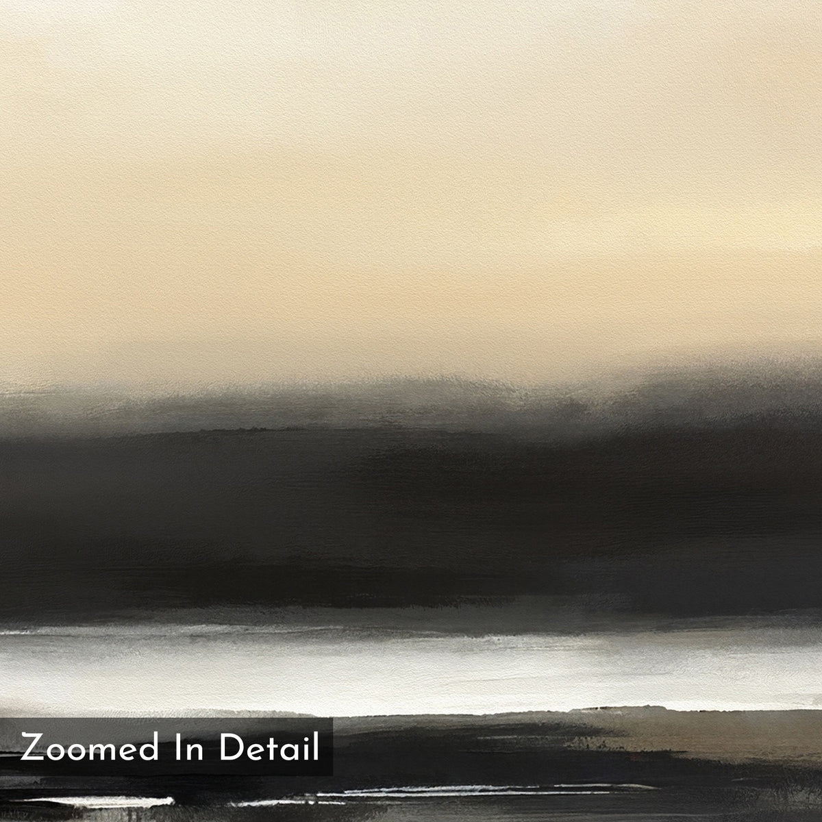 Quiet Shoreline Canvas Art - Square features an abstract landscape with a soft beige and cream sky, blurred dark hills, light gray water, and "Zoomed In Detail" in the lower left—perfect minimalist wall art.