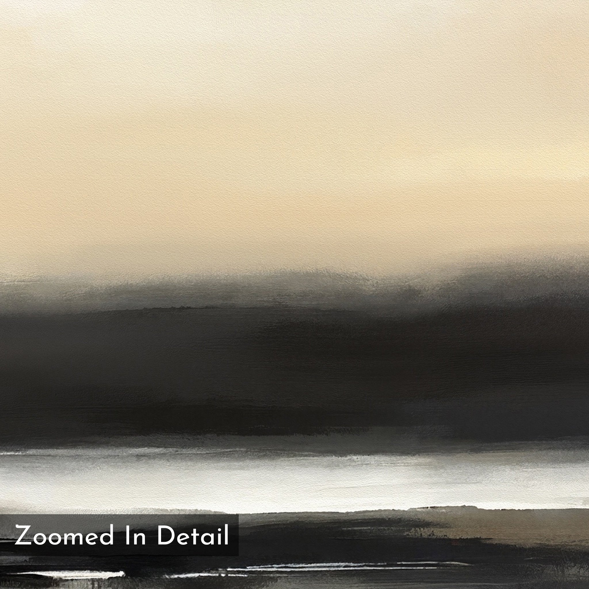 Quiet Shoreline Canvas Art - Square features an abstract landscape with a soft beige and cream sky, blurred dark hills, light gray water, and "Zoomed In Detail" in the lower left—perfect minimalist wall art.