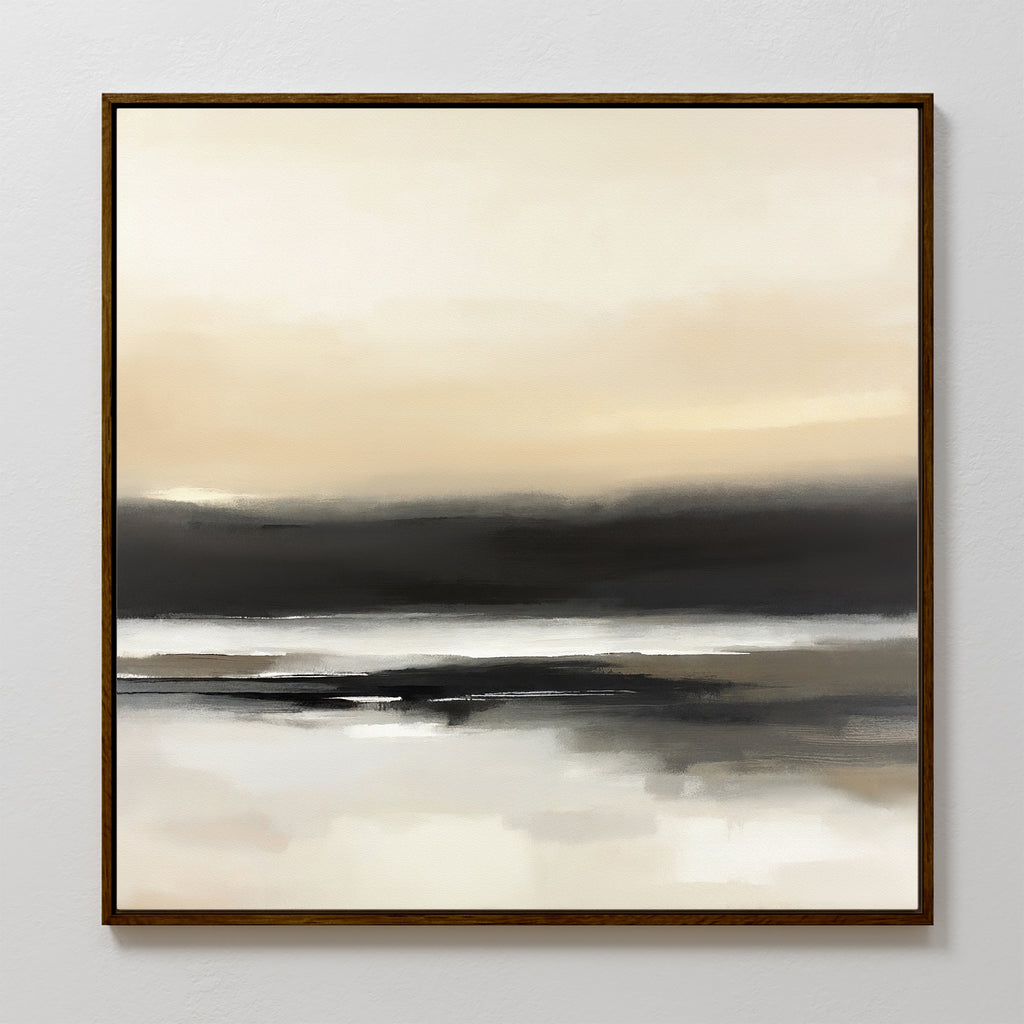 The Quiet Shoreline Canvas Art - Square features soft, blurred tones of beige, cream, gray, and black, depicting a tranquil landscape with a calm horizon—ideal for minimalist decor.