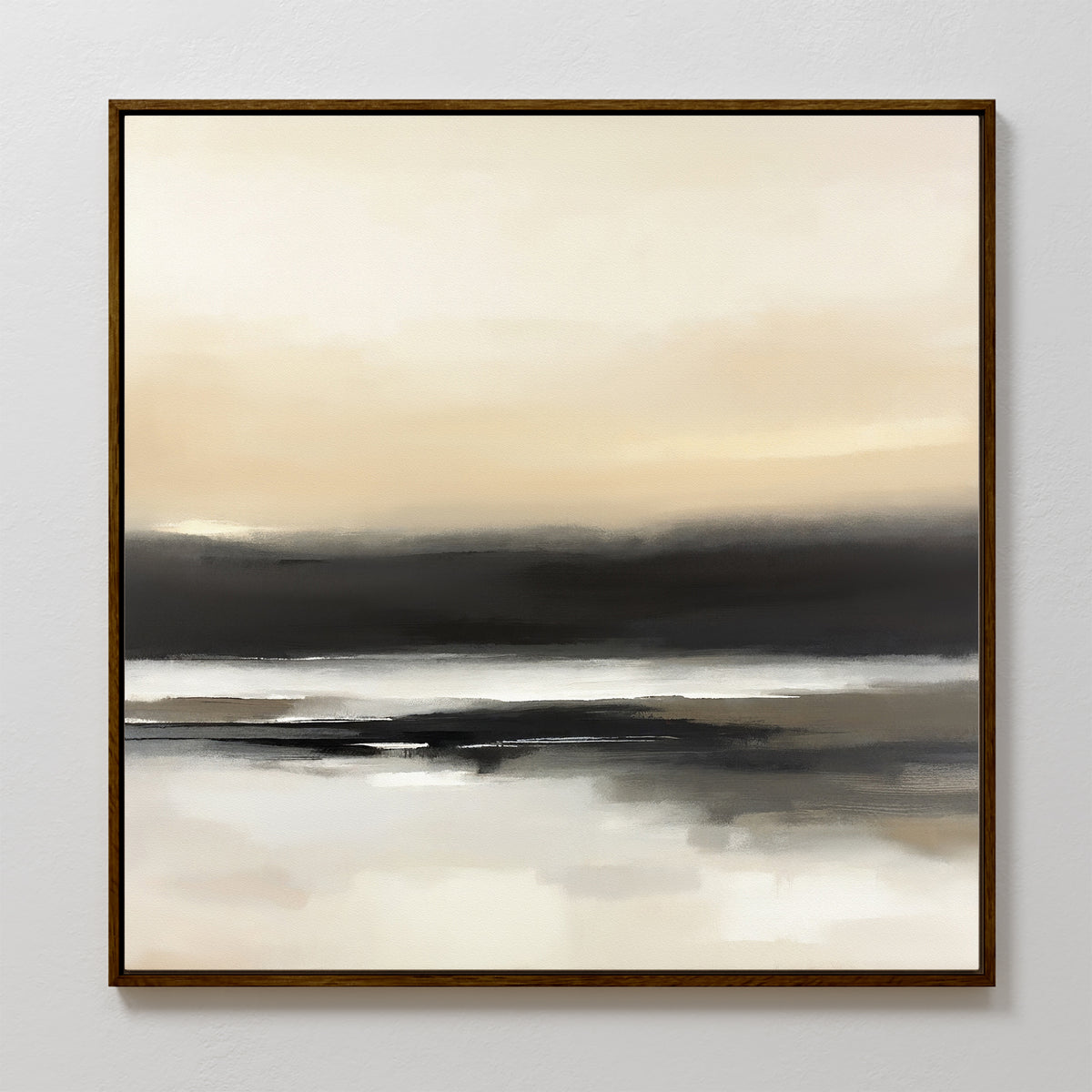 The Quiet Shoreline Canvas Art - Square features soft, blurred tones of beige, cream, gray, and black, depicting a tranquil landscape with a calm horizon—ideal for minimalist decor.