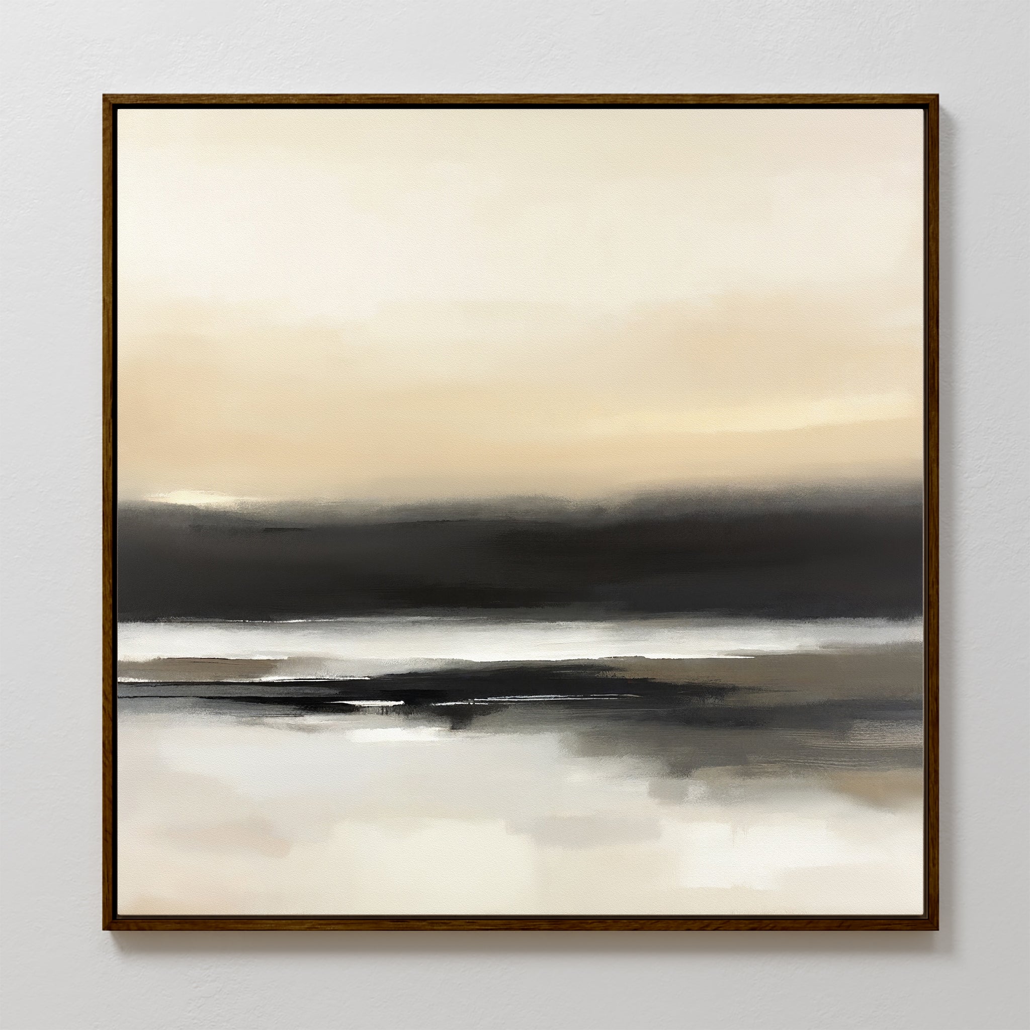 The Quiet Shoreline Canvas Art - Square features soft, blurred tones of beige, cream, gray, and black, depicting a tranquil landscape with a calm horizon—ideal for minimalist decor.