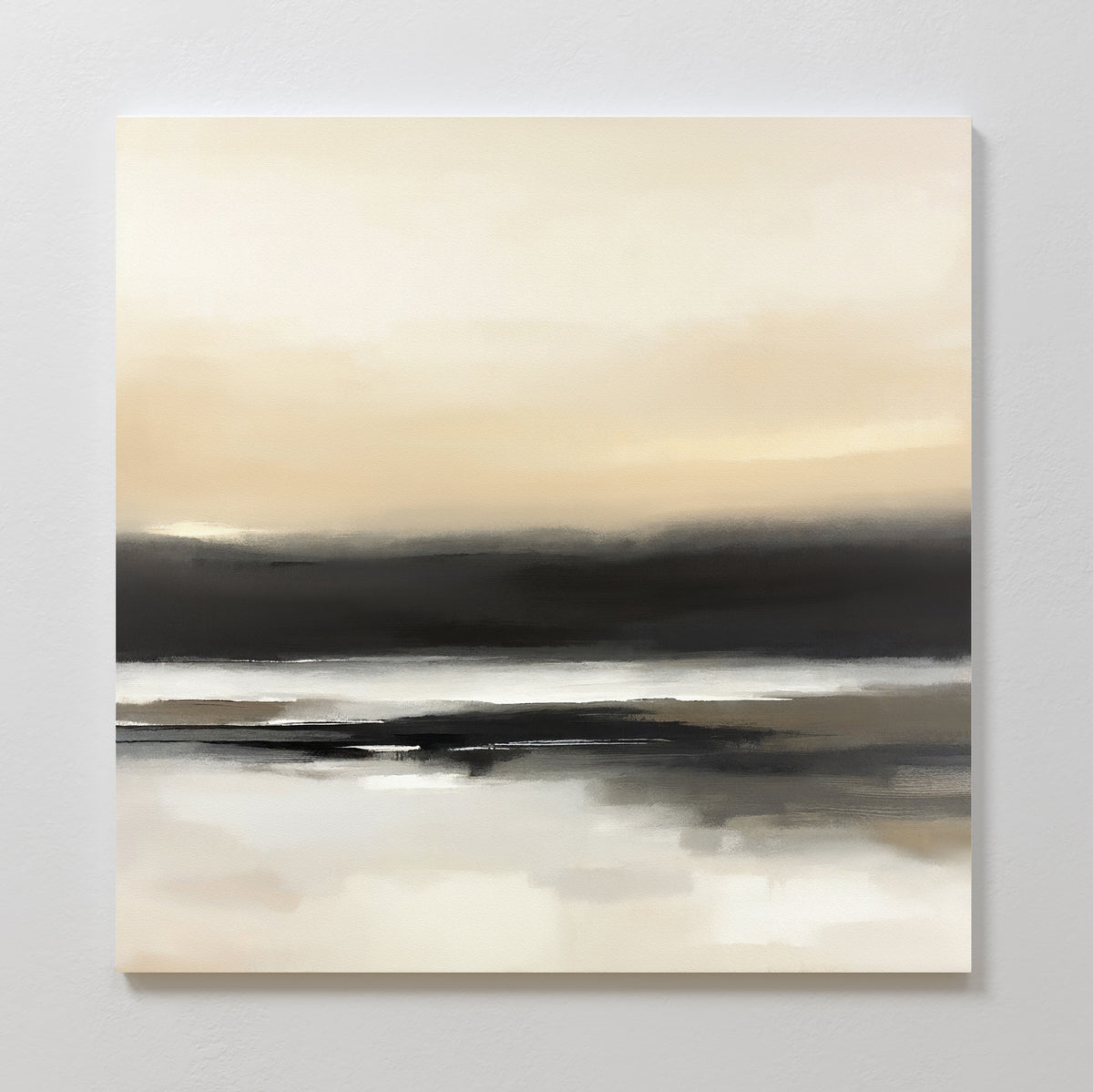 The Quiet Shoreline Canvas Art - Square features soft beige, brown, and gray tones blended like a misty landscape. Its gentle gradients and blurred edges create a calm, serene vibe—ideal for minimalist decor in any space.