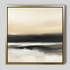Quiet Shoreline Canvas Art - Square: A framed abstract piece with soft beige, black, and gray tones, evoking calm water and a misty landscape—perfect for minimalist decor.
