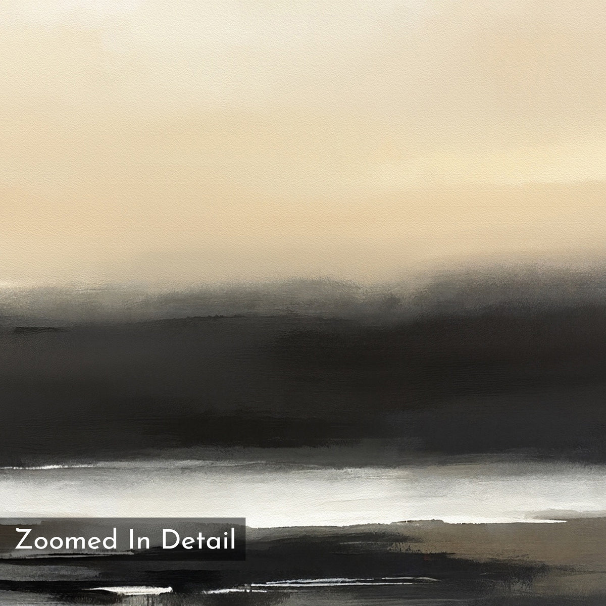 Quiet Shoreline Canvas Art - Vertical features abstract coastal imagery in muted beige, black, and gray tones, evoking a misty water and land scene. "Zoomed In Detail" is displayed in a white font box at the bottom left corner.