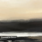 Quiet Shoreline Canvas Art - Vertical features abstract coastal imagery in muted beige, black, and gray tones, evoking a misty water and land scene. "Zoomed In Detail" is displayed in a white font box at the bottom left corner.