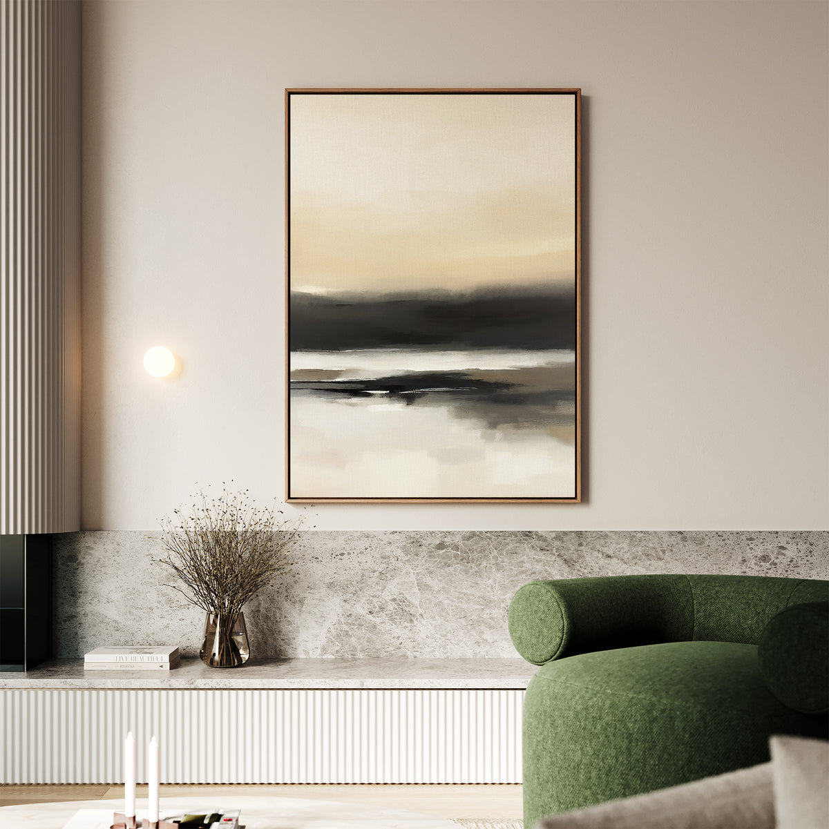 Minimalist living room with beige walls, Quiet Shoreline Canvas Art - Vertical as a serene focal point, green curved sofa, marble bench with dried flowers, and soft lighting for a calm, modern atmosphere.