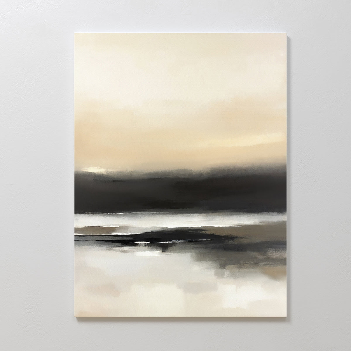 The Quiet Shoreline Canvas Art - Vertical features soft beige, cream, gray, and black tones in a misty landscape with blurred water reflections—ideal serene wall decor for creating a calm and peaceful atmosphere.