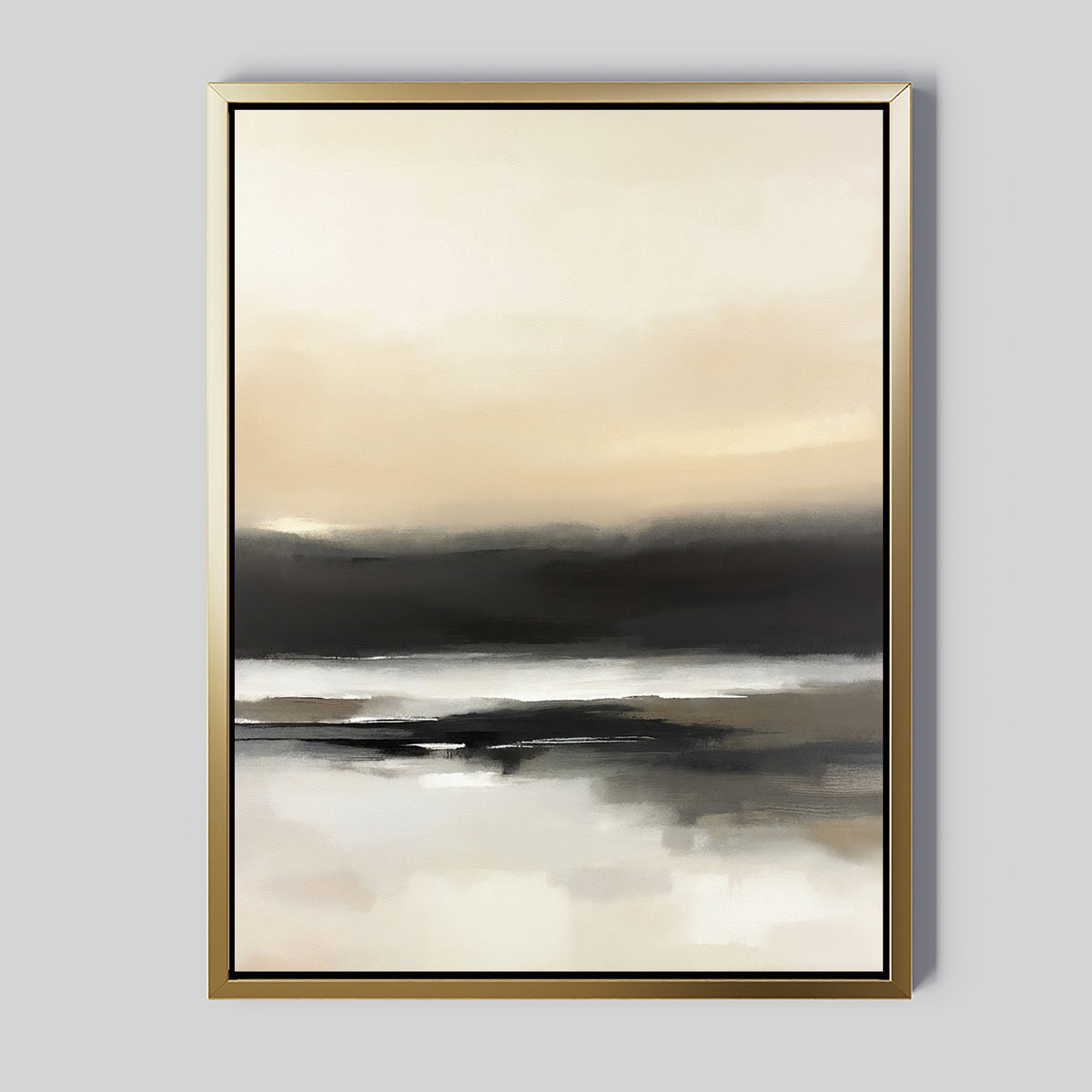 Quiet Shoreline Canvas Art - Vertical: Abstract painting in a gold frame with soft beige, black, and gray tones resembling a misty landscape with water reflections—serene wall art for minimalist interiors. Displayed on a plain light gray background.