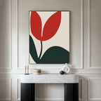 A modern, minimalist room with a marble console table, sculptural decor, and the Red Botanic Abstract Canvas Art above—featuring bold red and dark green shapes on a neutral background—for striking contemporary living room style.
