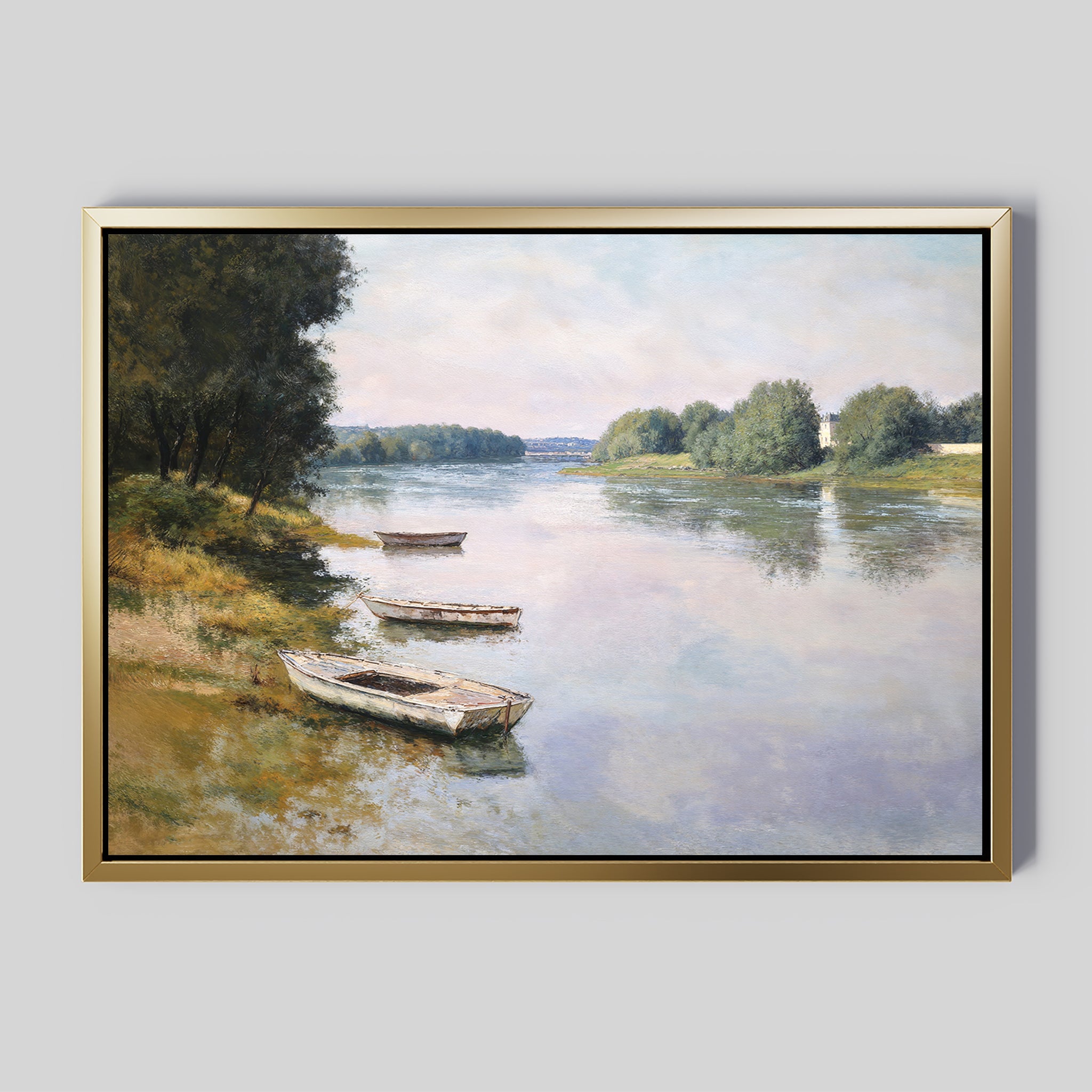 River Tranquil Canvas Art - Horizontal features a calm river with three wooden boats, tree-lined banks, and a cloudy sky reflected in the water—an ideal choice to add serenity to your space.