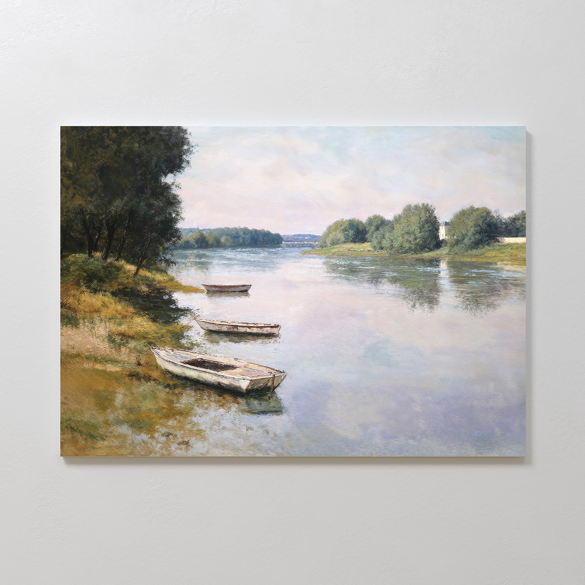 The River Tranquil Canvas Art - Horizontal portrays a calm river with four rowboats by the shore, set amidst green trees and bushes below a partly cloudy sky—capturing the peaceful charm of Nordic Park.