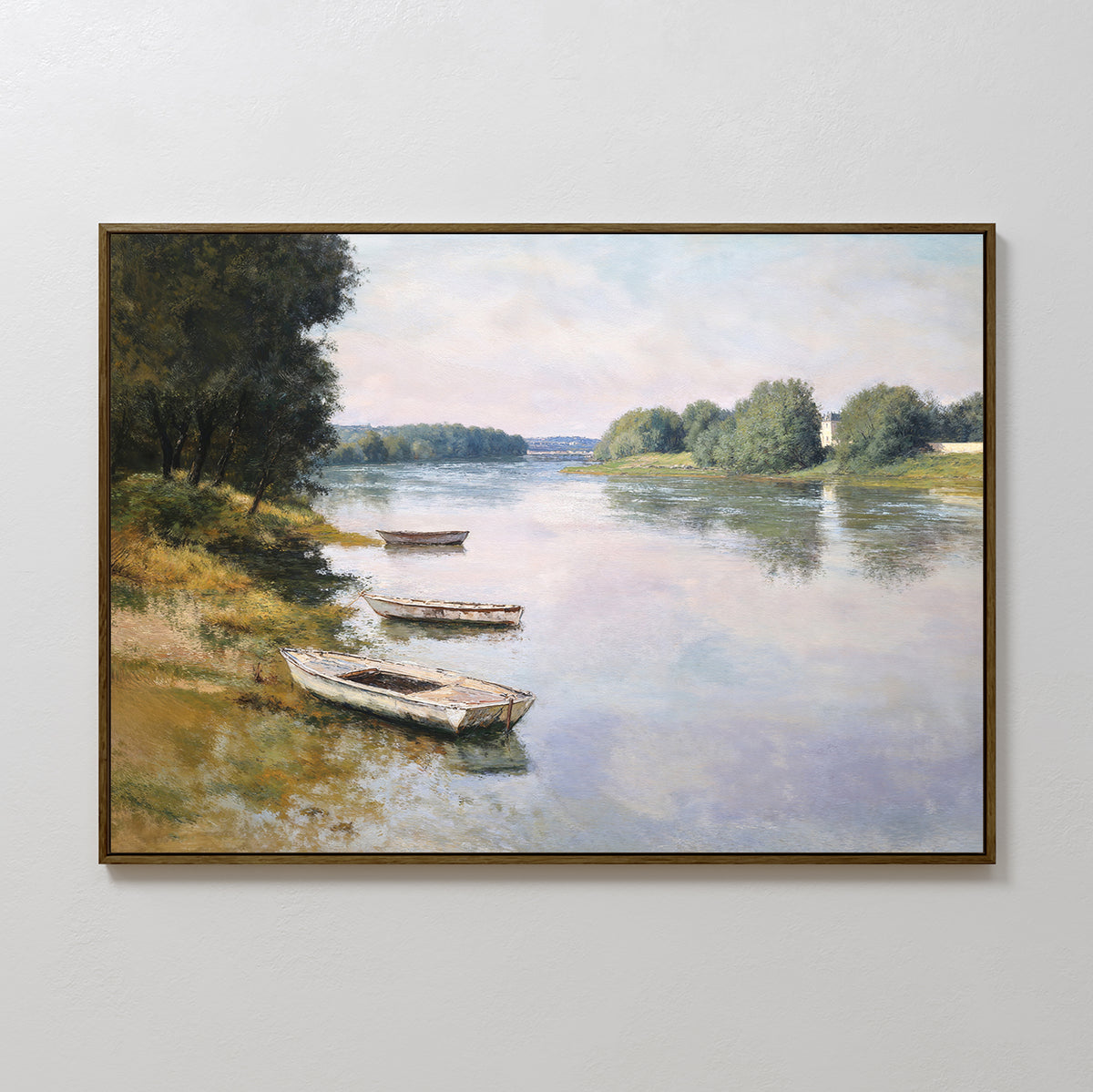 River Tranquil Canvas Art - Horizontal features a calm river with four small boats by a grassy shore, tree-lined bank, and soft clouds in a hazy sky—ideal for bringing Nordic Park tranquility to your space.