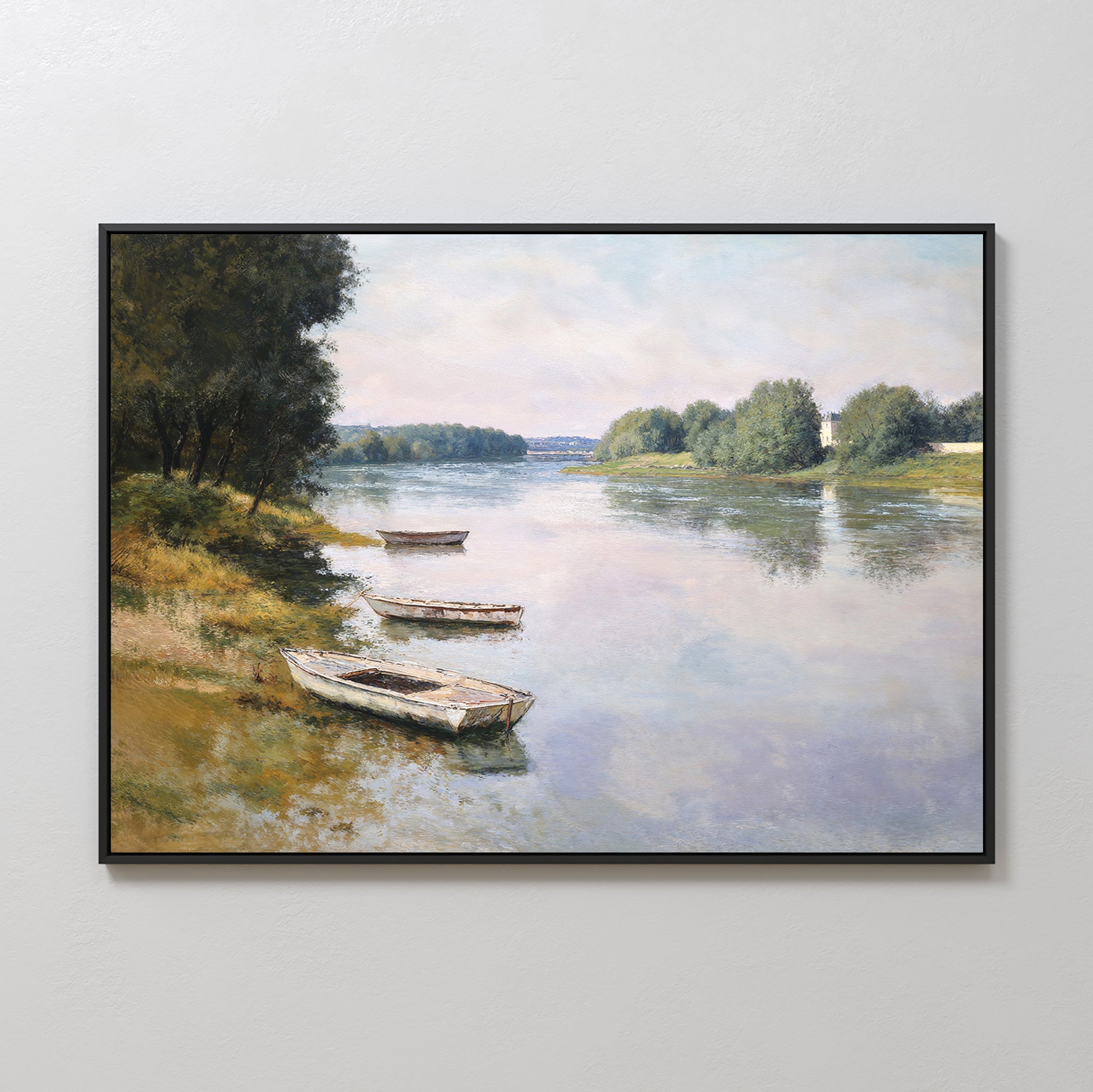River Tranquil Canvas Art - Horizontal features a serene river scene with rowboats, green trees, and grassy banks under a cloudy sky—perfect wall art to bring calm Nordic Park-inspired vibes to your space.