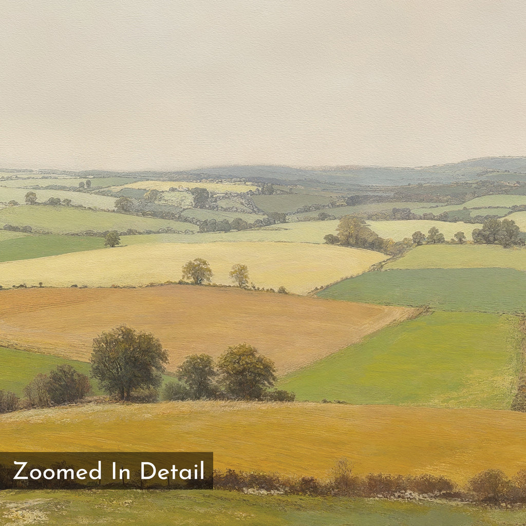 Rolling Fields Canvas Art - Horizontal features a scenic landscape of green and golden brown hills, patchwork fields, scattered trees, and a hazy sky. "Zoomed In Detail" is displayed in the lower left corner.
