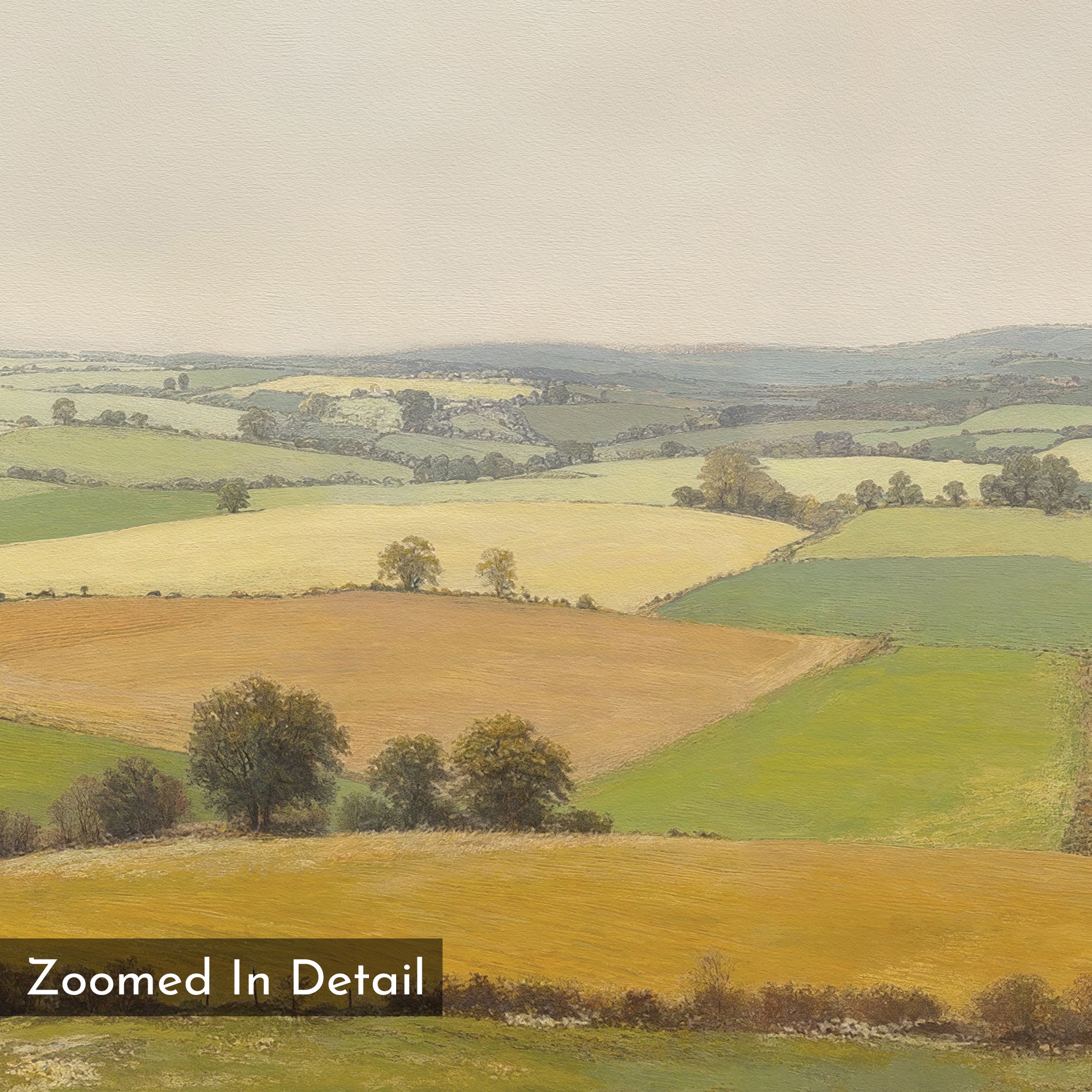 Rolling Fields Canvas Art - Horizontal features a scenic landscape of green and golden brown hills, patchwork fields, scattered trees, and a hazy sky. "Zoomed In Detail" is displayed in the lower left corner.