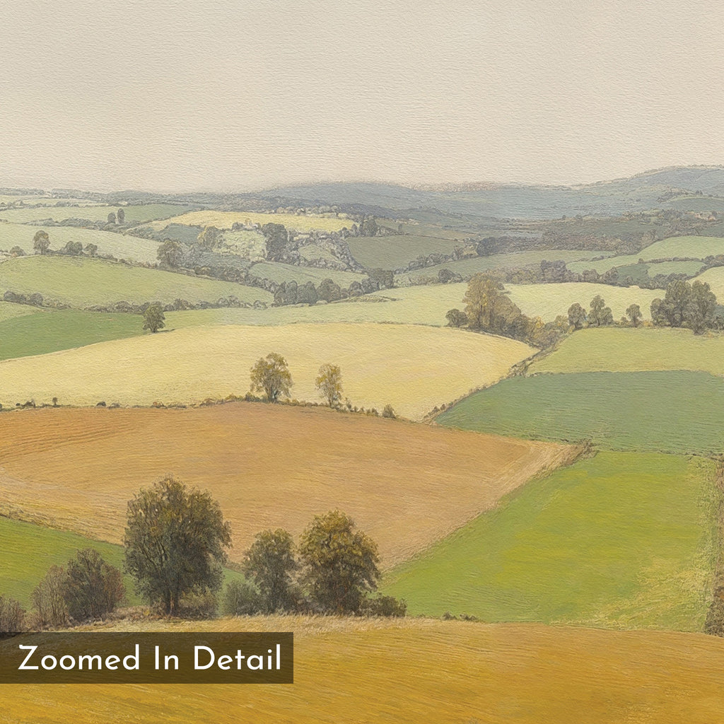Rolling Fields Canvas Art - Square captures a serene countryside with rolling hills, green and yellow fields, scattered trees, and hazy distant hills under a pale sky—ideal as tranquil wall art or a canvas print.
